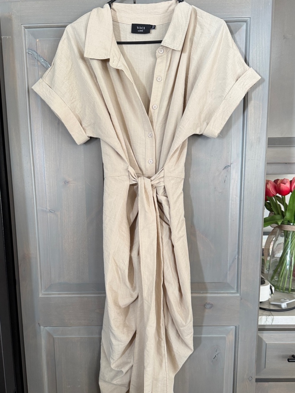 Vici Cream Button-Front Tie-Waist Maxi Shirt Dress